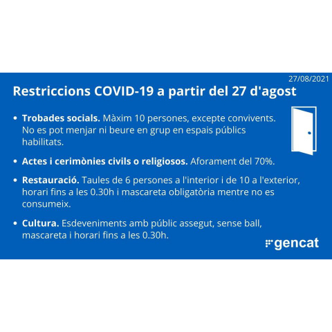 PRÒRROGA DE LES MESURES A PARTIR DEL 27 D'AGOST. PRÒRROGA DE LES MESURES A PARTIR DEL 27 D'AGOST.