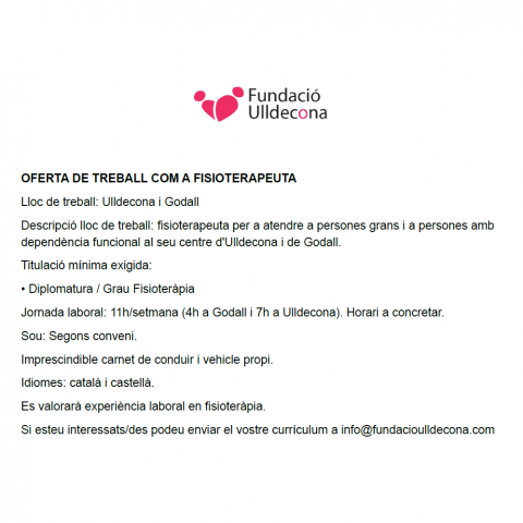 OFERTA DE TREBALL | OFERTA DE TREBALL COM A FISIOTERAPEUTA OFERTA DE TREBALL | OFERTA DE TREBALL COM A FISIOTERAPEUTA