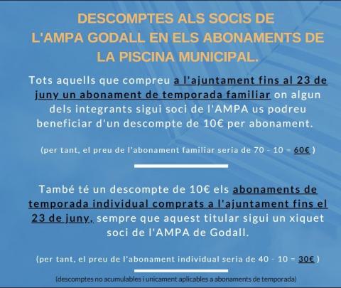 Descomptes als socis de l'AMPA Godall en els abonaments de la Piscina Municipal